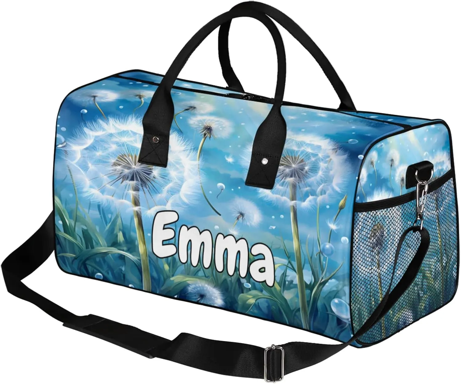 Personalized Wildflowers Dandelion Travel Duffel Bag with Name, Custom Gym Sport Bag Rustic Floral Carry On Weekend Overnight Duffel Bag for Men Women