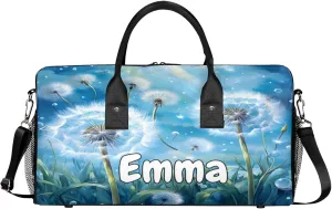 Personalized Wildflowers Dandelion Travel Duffel Bag with Name, Custom Gym Sport Bag Rustic Floral Carry On Weekend Overnight Duffel Bag for Men Women