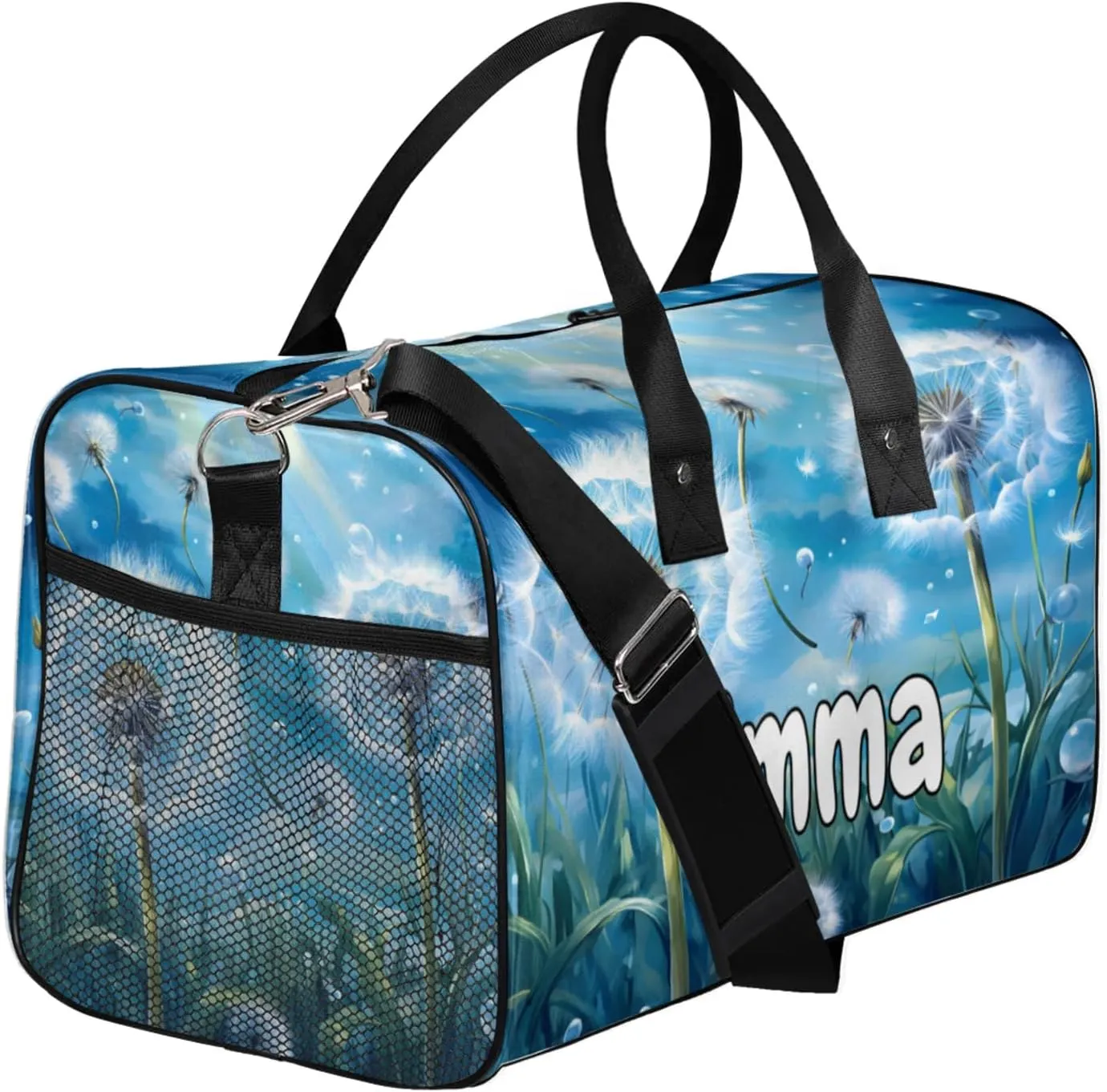 Personalized Wildflowers Dandelion Travel Duffel Bag with Name, Custom Gym Sport Bag Rustic Floral Carry On Weekend Overnight Duffel Bag for Men Women