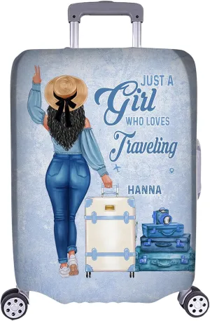 Personalized Woman with Name Just a Girl Who Loves Traveling Blue Luggage Cover Protector Travel Bag Covers Suitcase Cover Travel Bag Covers Gift for Girl Traveling Lovers 126