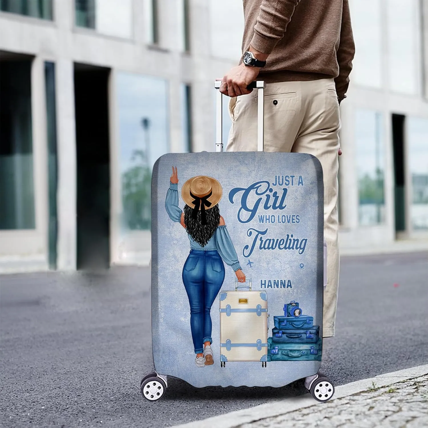 Personalized Woman with Name Just a Girl Who Loves Traveling Blue Luggage Cover Protector Travel Bag Covers Suitcase Cover Travel Bag Covers Gift for Girl Traveling Lovers 126