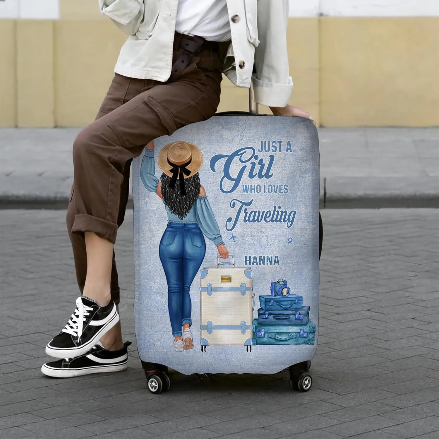 Personalized Woman with Name Just a Girl Who Loves Traveling Blue Luggage Cover Protector Travel Bag Covers Suitcase Cover Travel Bag Covers Gift for Girl Traveling Lovers 126