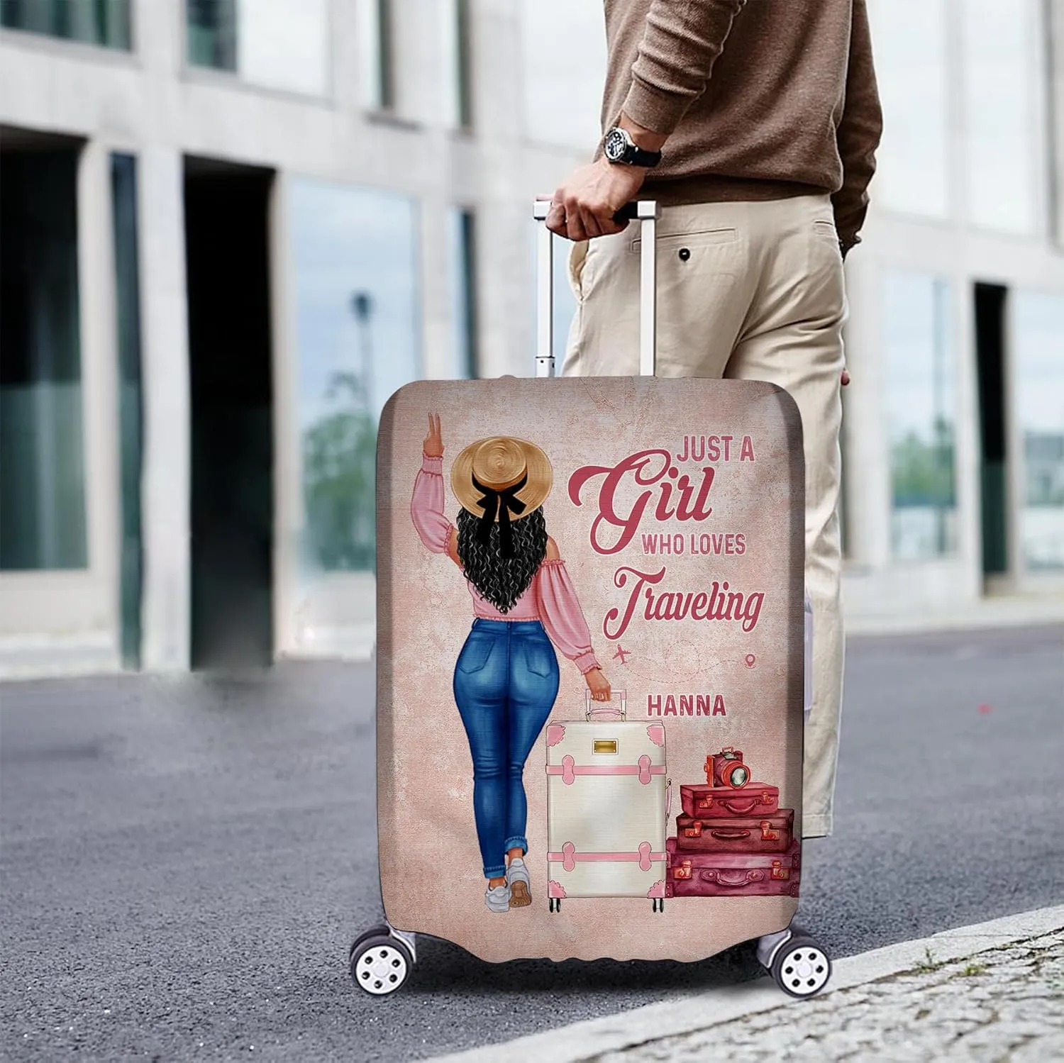 Personalized Woman with Name Just a Girl Who Loves Traveling Pink Luggage Cover Protector Travel Bag Covers Suitcase Cover Travel Bag Covers Gift for Girl Traveling Lovers 125