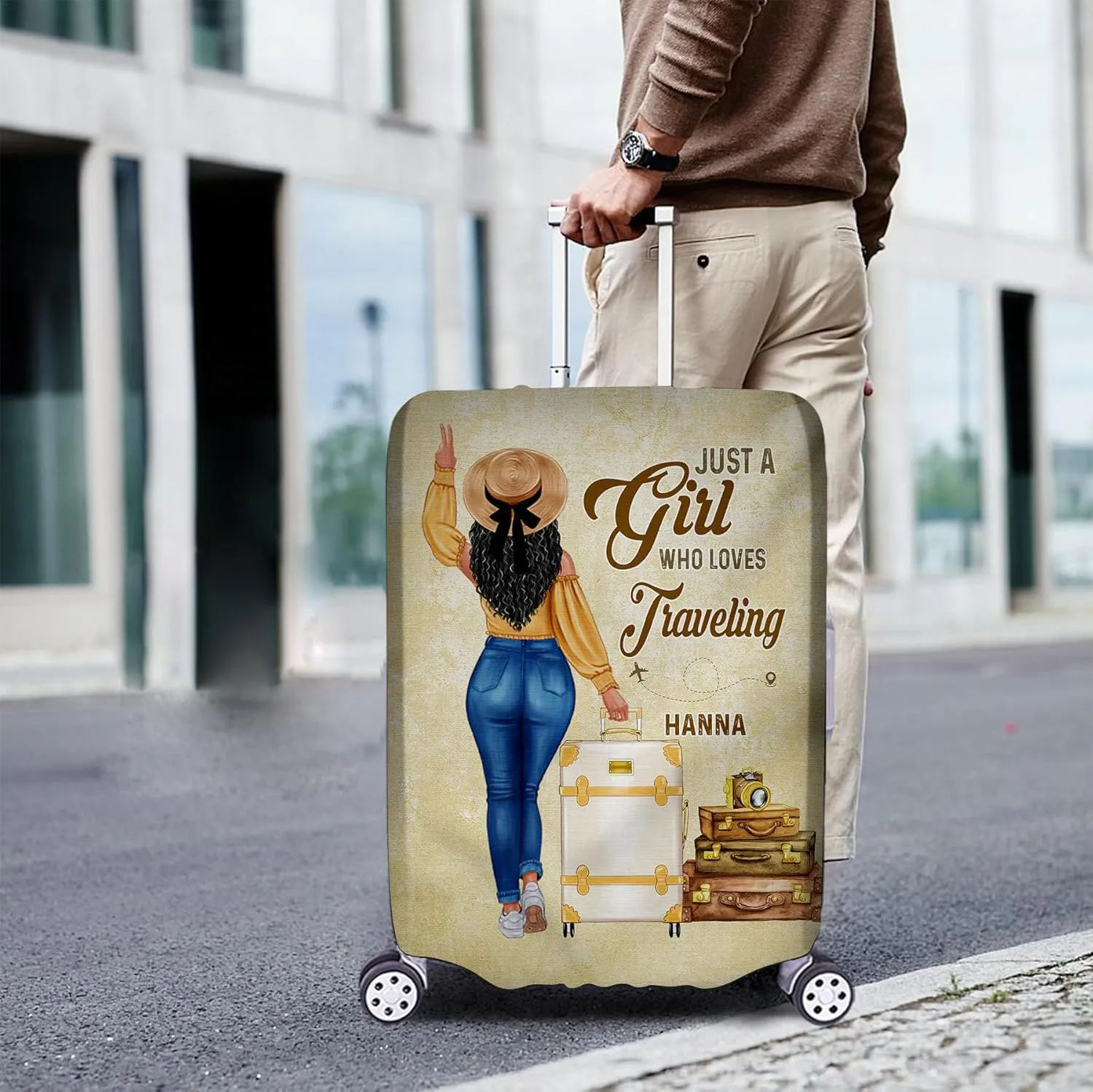 Personalized Woman with Name Just a Girl Who Loves Traveling Yellow Luggage Cover Protector Travel Bag Covers Suitcase Cover Travel Bag Covers Gift for Girl Traveling Lovers 124