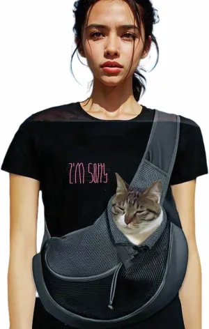 Pet Sling Carrier for Dogs/Cats (0-9 Lbs) - Breathable Mesh, Adjustable Chest Strap, Escape-Proof Crossbody Safety Travel Bags - Ideal for Small Animals Hiking, and Vet Visits (L-Black)