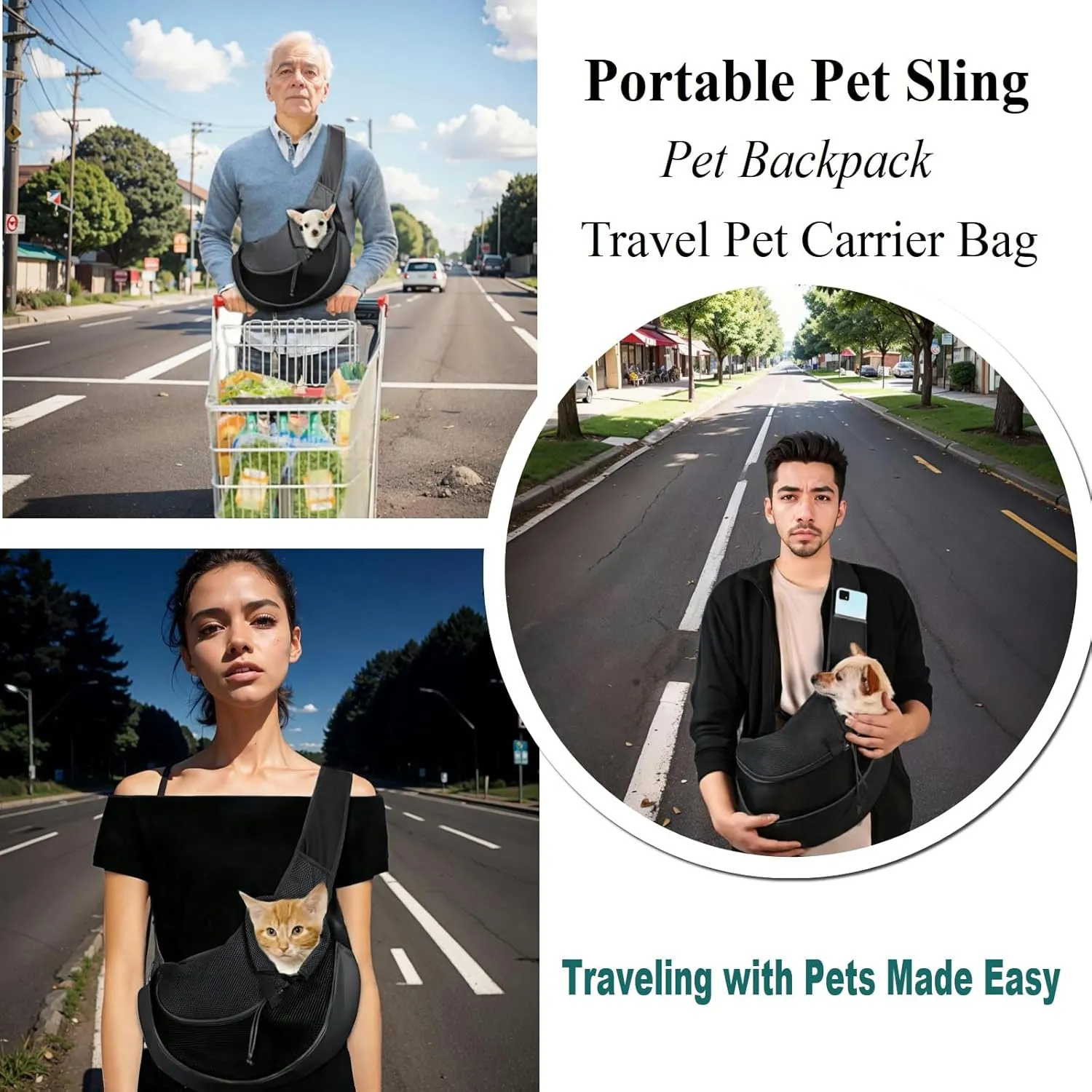 Pet Sling Carrier for Dogs/Cats (0-9 Lbs) - Breathable Mesh, Adjustable Chest Strap, Escape-Proof Crossbody Safety Travel Bags - Ideal for Small Animals Hiking, and Vet Visits (L-Black)