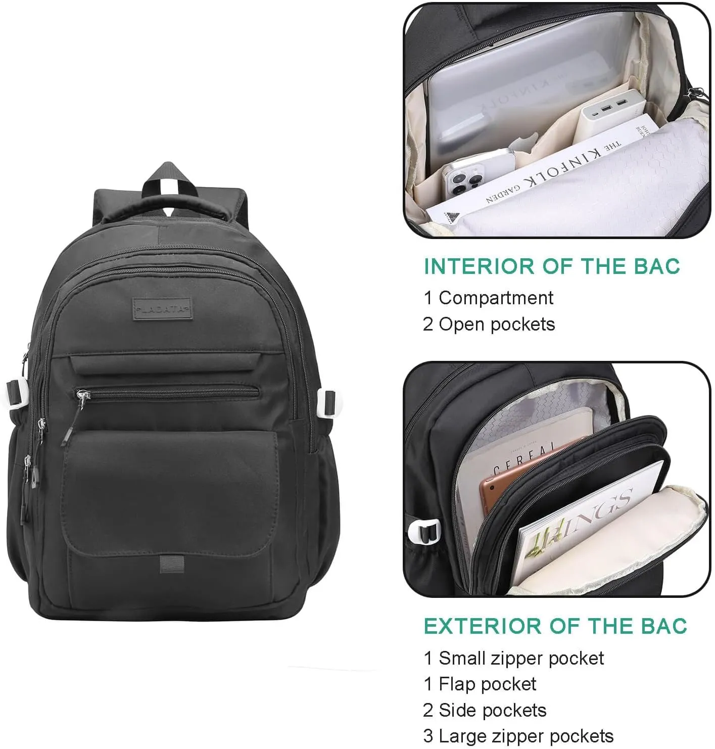 Phaoullzon Teen Girls School Backpack for Boys, College Aesthetic Laptop Bookbag for Women,Black