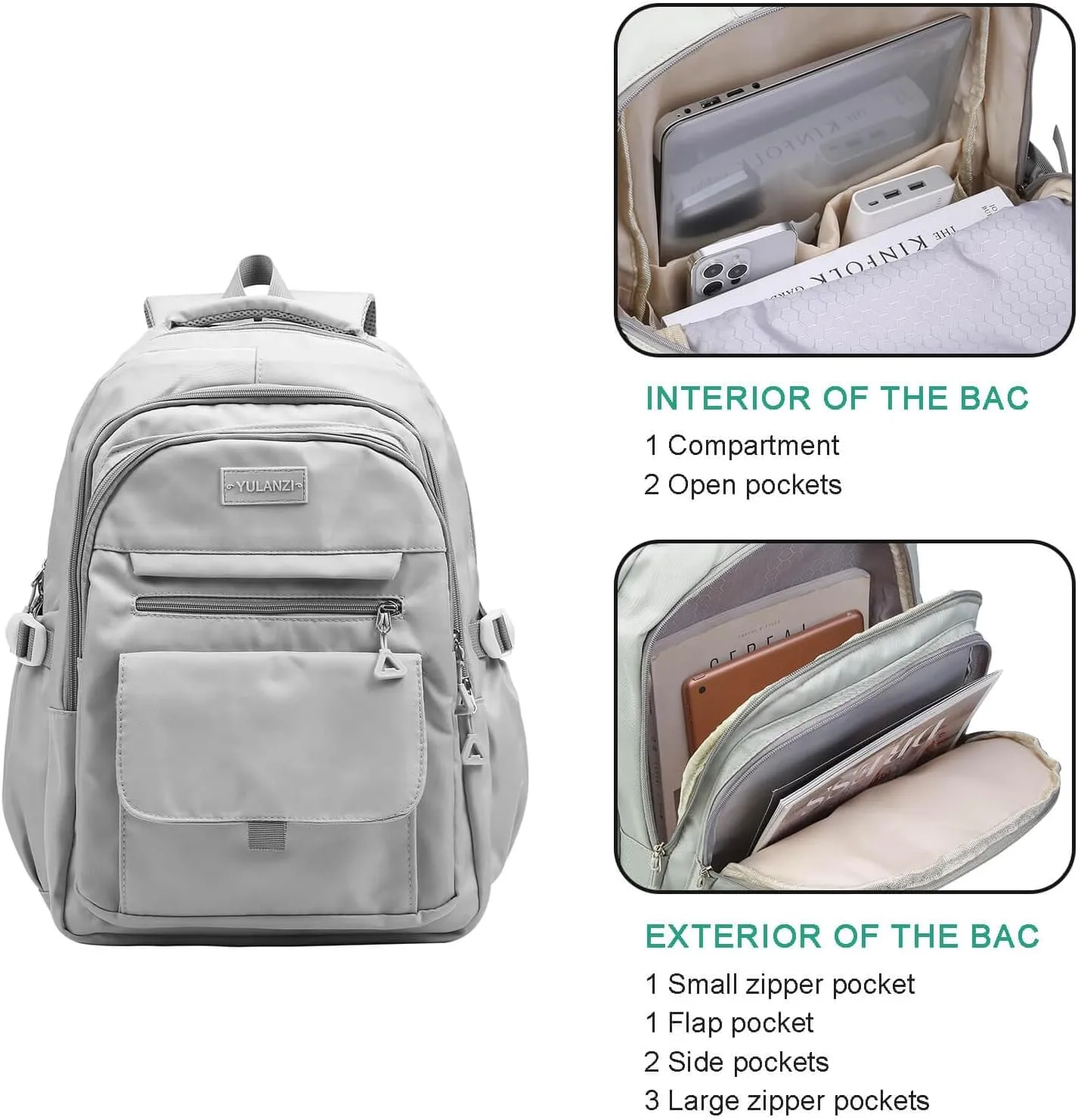 Phaoullzon Teen Girls School Backpack for Boys, College Aesthetic Laptop Bookbag for Women,Grey