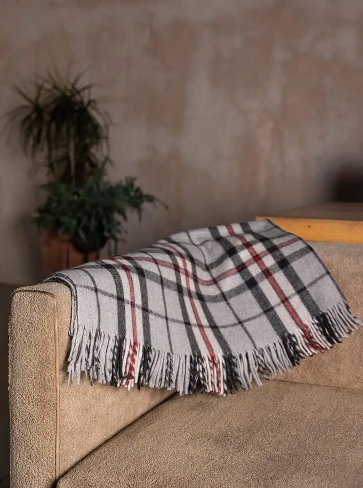Picnic Rug Scottish Tartan Throw in Thomson Grey - Warm 100% Wool Travel Blanket with Fringed Edges - 60 x 70