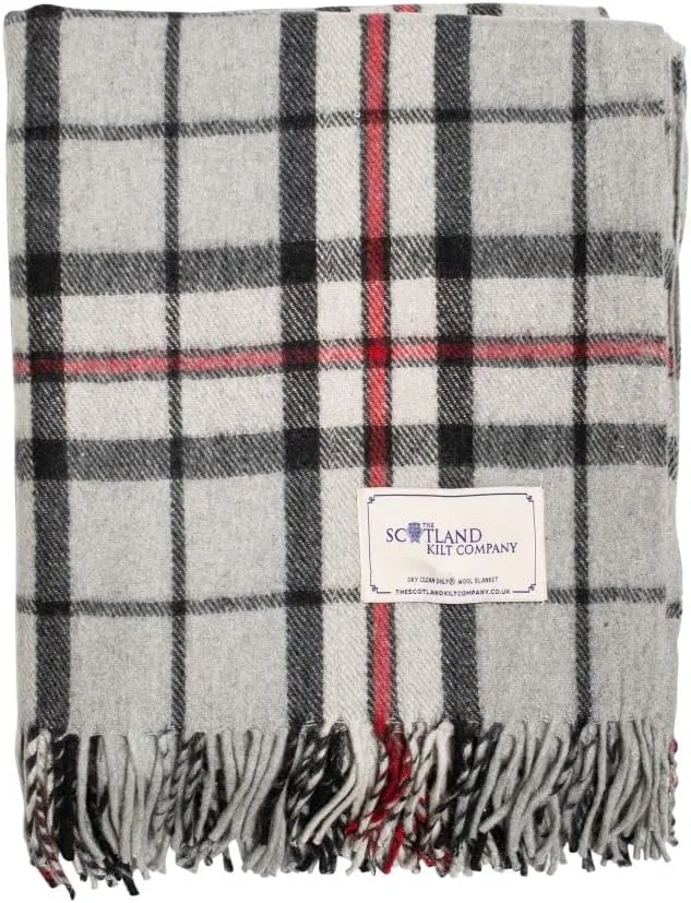 Picnic Rug Scottish Tartan Throw in Thomson Grey - Warm 100% Wool Travel Blanket with Fringed Edges - 60 x 70