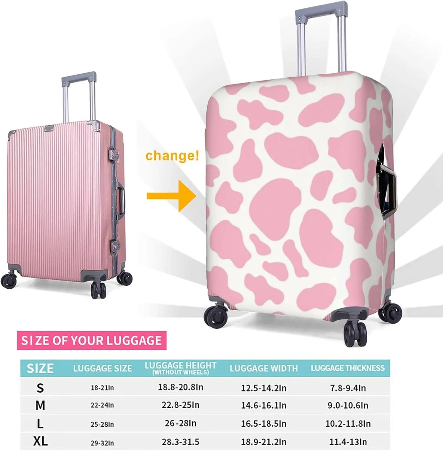 Pink Cow Print Cowhide Cowgirl Travel Luggage Cover Fits 18-21 Inch, Abrasion Resistant, 4 Double Spinner Wheels