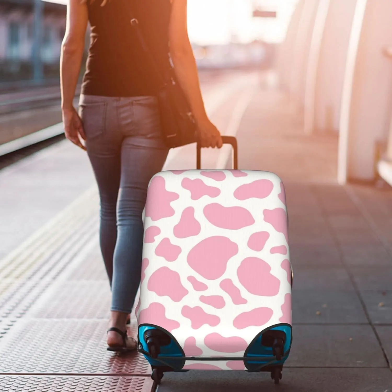 Pink Cow Print Cowhide Cowgirl Travel Luggage Cover Fits 18-21 Inch, Abrasion Resistant, 4 Double Spinner Wheels