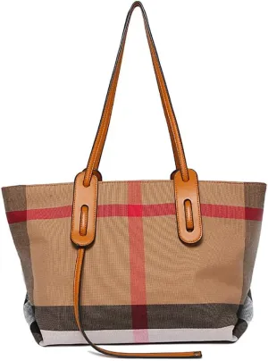 Plaid Tote Shoulder Bag Handbag with Leather Accents, Tan and Red, Class Design for Ladies Girls' Holiday, Party, Birthday, Gift Ideas, Top Handle Satchel