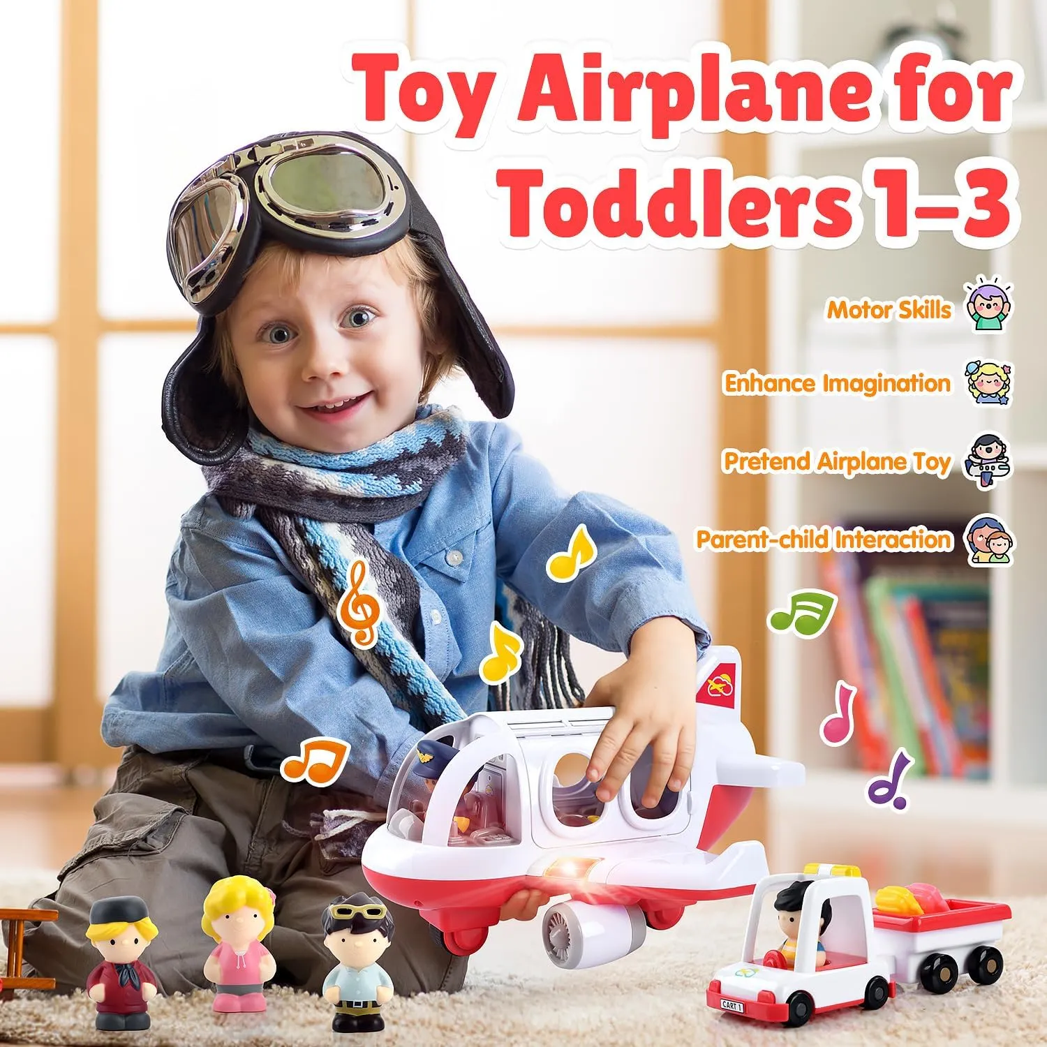 PLAY Airplane Toy for Kids - Toddler Airplane Toys Travel Plane Toys for Kids 2  Years Old with Small Figures & Baggage Carrier, Musical Toy Airplane with Lights for Boys Girls Gifts Birthday (Red)
