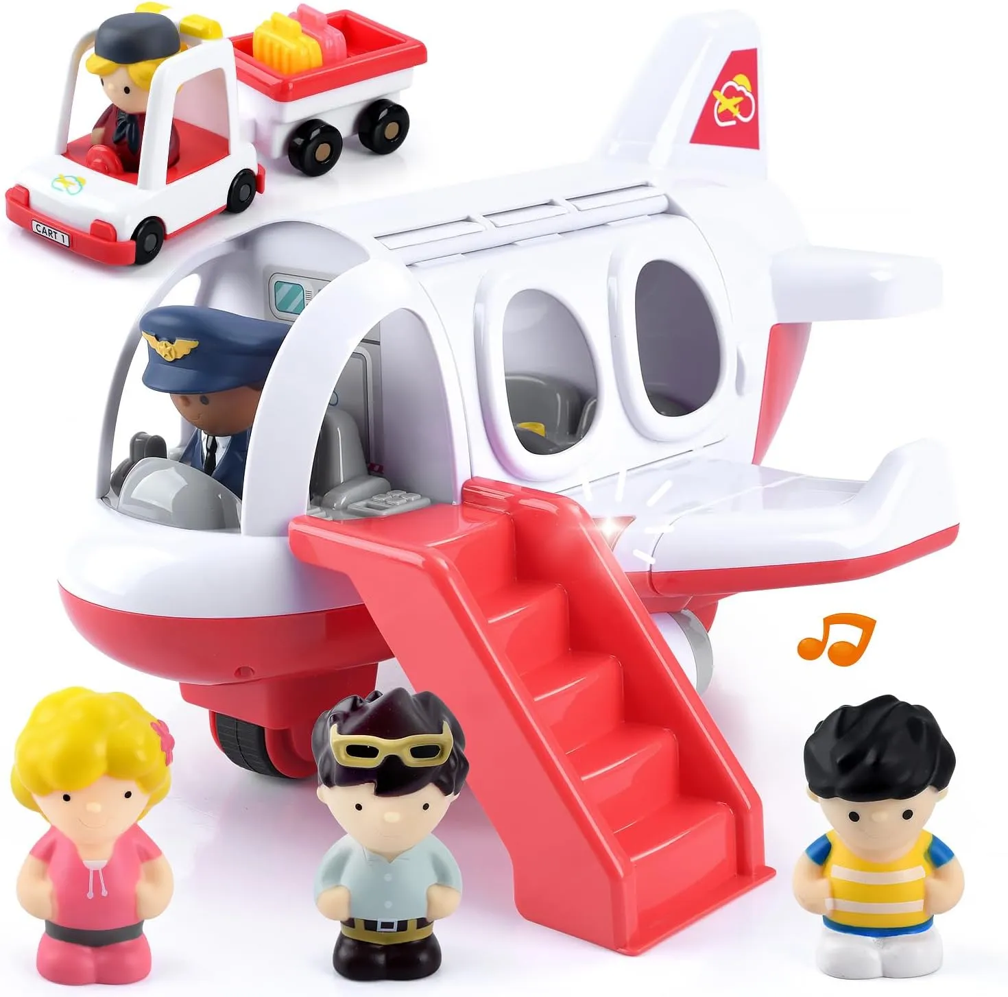 PLAY Airplane Toy for Kids - Toddler Airplane Toys Travel Plane Toys for Kids 2  Years Old with Small Figures & Baggage Carrier, Musical Toy Airplane with Lights for Boys Girls Gifts Birthday (Red)