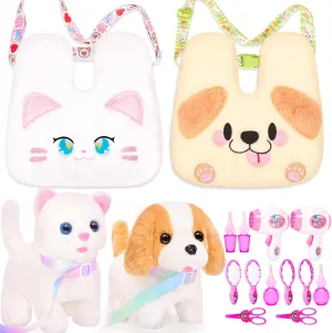 Plush Cat and Dog Toys with Crossbody Bags, Puppy Kitty Stuffed Animals with Pets Pretend Play Cute Stuff Interactive Electronic Plushies for Toddler Kids Toys