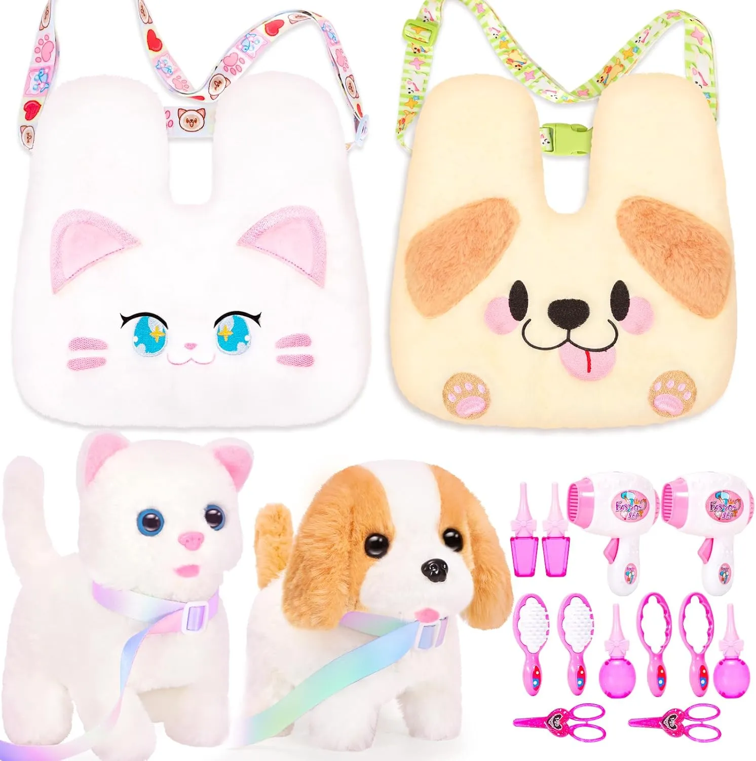Plush Cat and Dog Toys with Crossbody Bags, Puppy Kitty Stuffed Animals with Pets Pretend Play Cute Stuff Interactive Electronic Plushies for Toddler Kids Toys
