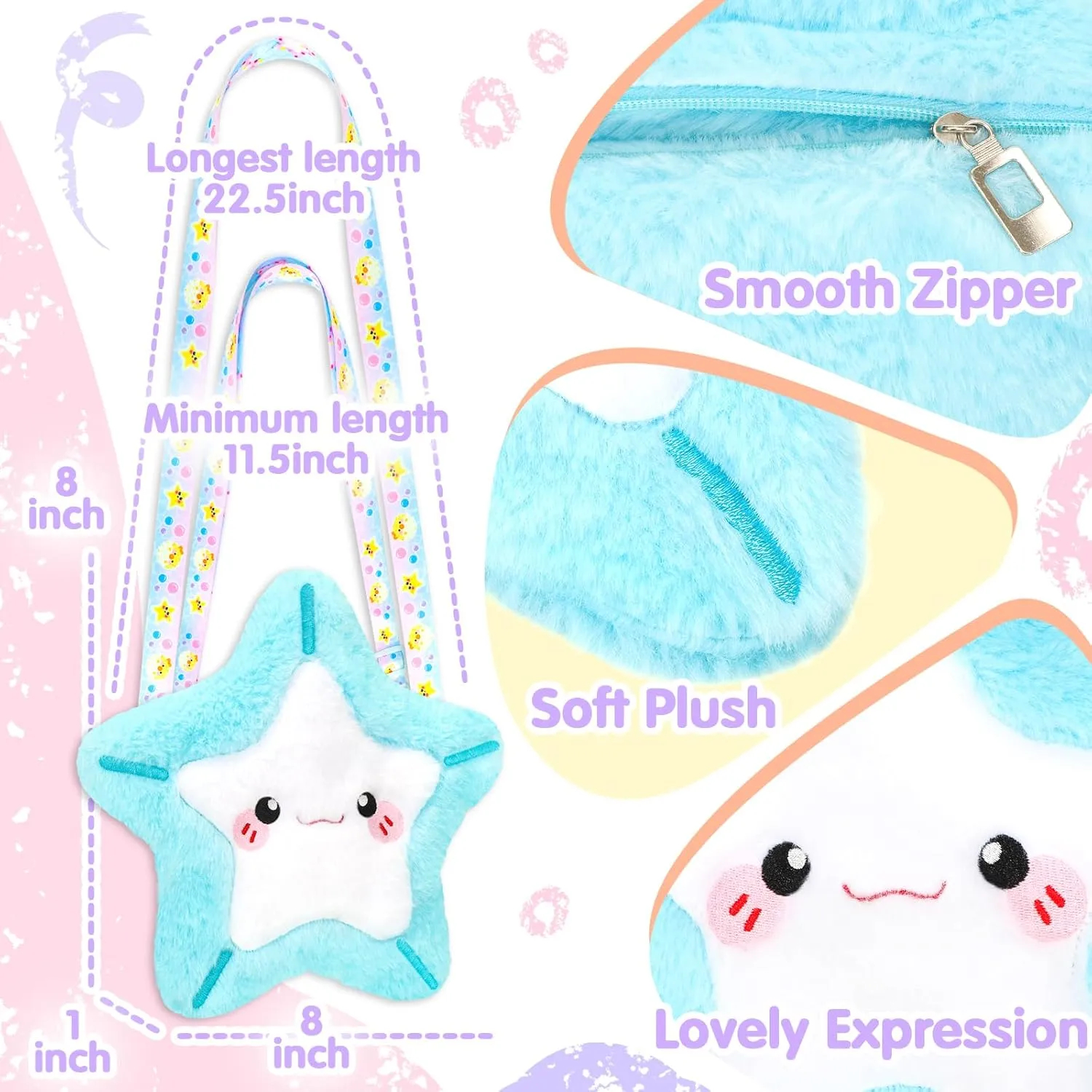 Plush Starfish Bag Kids Handbag Crossbody Bag with Zipper,Plush Coin Purse with Adjustable Strap,Soft Starfish Stuffed Purse Birthday Gift for Toddlers Kids