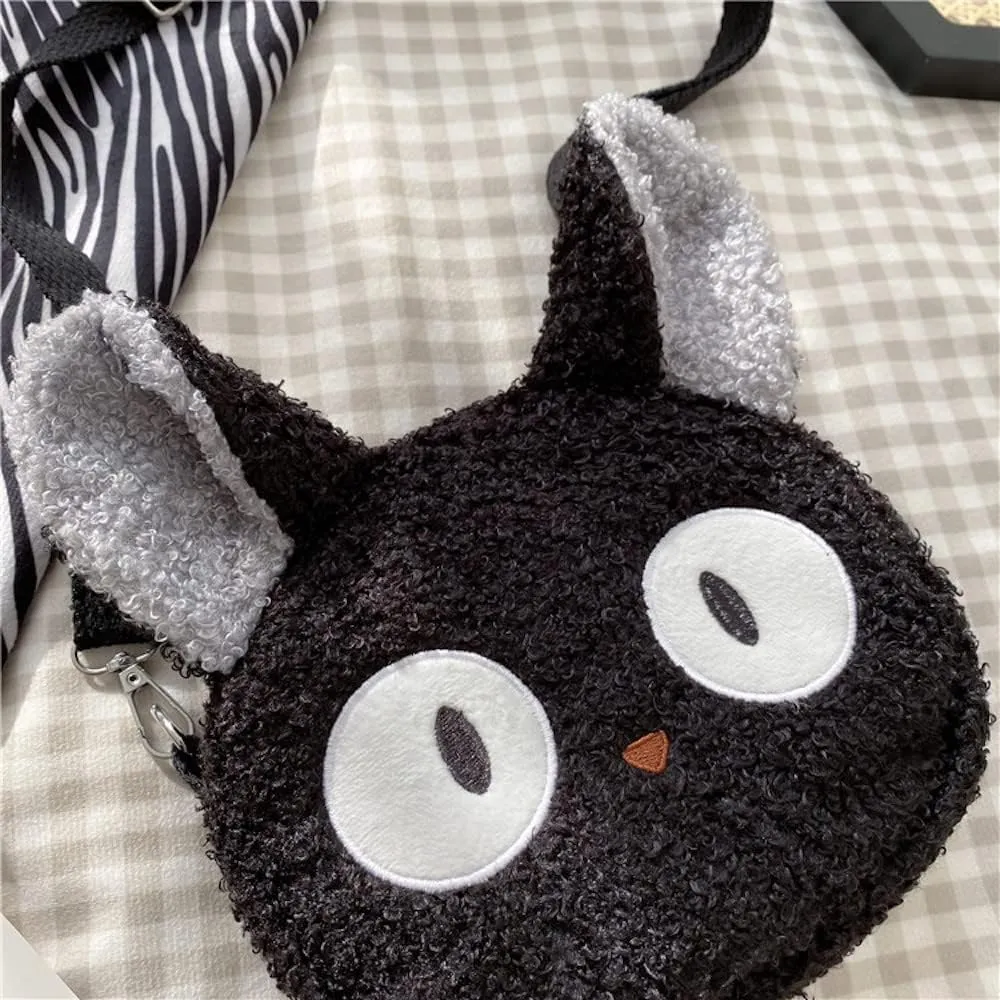 Plushie Crossbody Bag Japanese Kawaii Cat Shoulder Purse Stuffed Handbag Fluffy Lamb Like Black Shoulder Bags