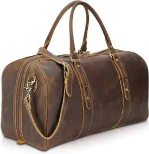 Polare 23" Full Grain Leather Weekender Travel Overnight Luggage Duffel Bag For Men(Dark Brown)
