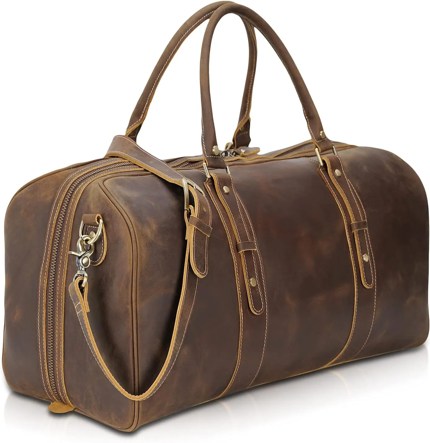 Polare 23" Full Grain Leather Weekender Travel Overnight Luggage Duffel Bag For Men(Dark Brown)