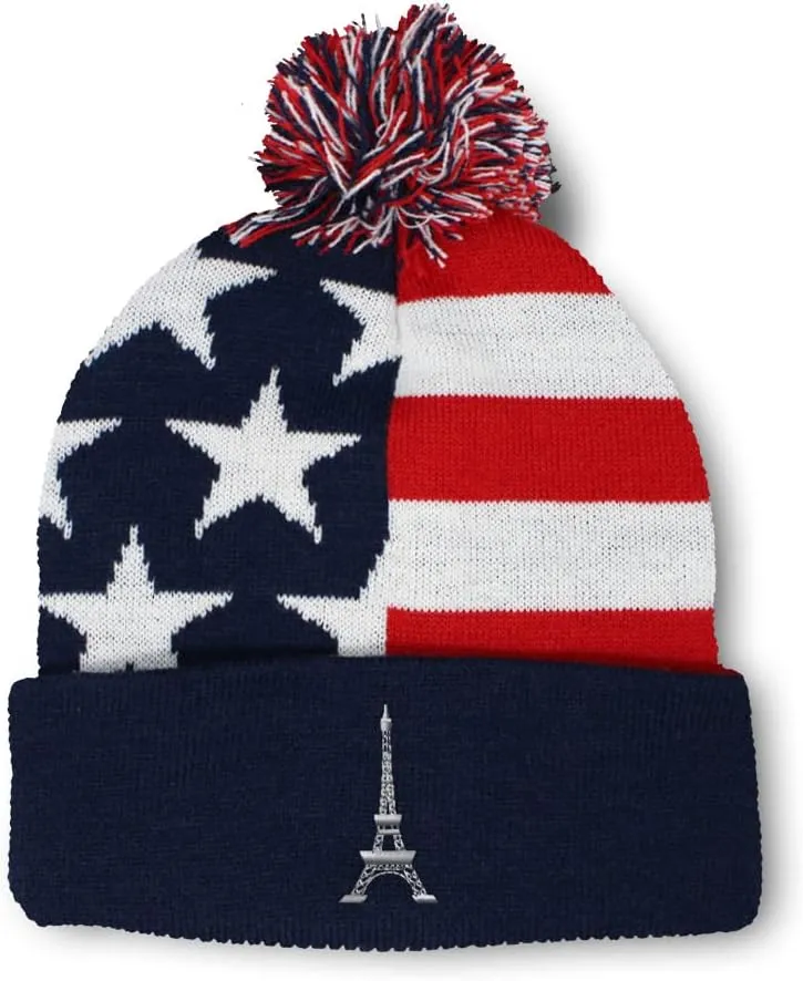 Pom Pom Beanies for Women Paris Travel Eiffel Tower Embroidery Skull Cap Winter Hats for Men Acrylic 1 Size