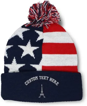 Pom Pom Beanies for Women Paris Travel Eiffel Tower Embroidery Skull Cap Winter Hats for Men Acrylic 1 Size