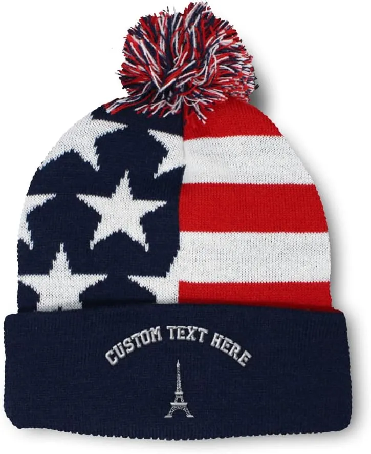 Pom Pom Beanies for Women Paris Travel Eiffel Tower Embroidery Skull Cap Winter Hats for Men Acrylic 1 Size