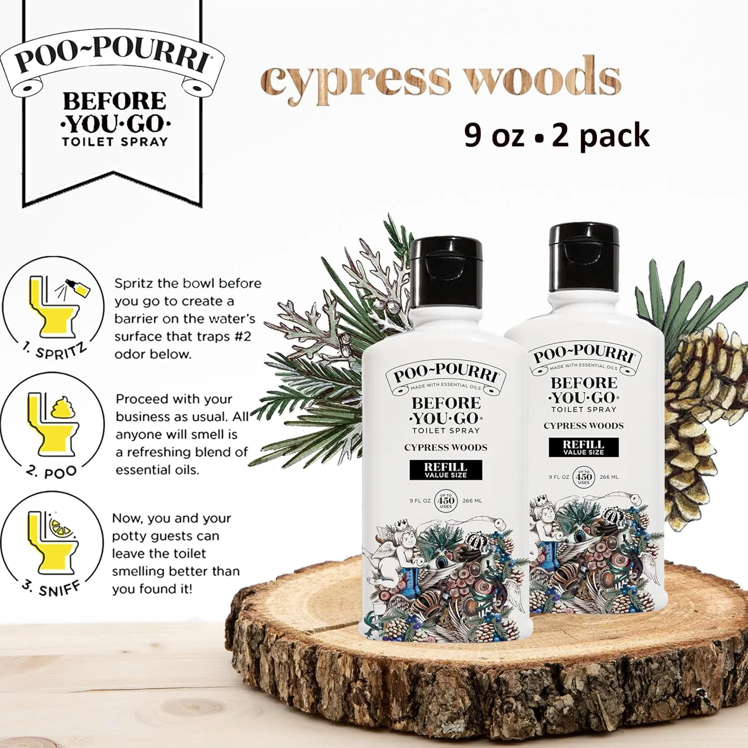 Poo-Pourri Before-You-Go Toilet Spray, Cypress Woods, Refill Bottle 9 Fl Oz 2 Pack- Cypress Pine and Fresh Air