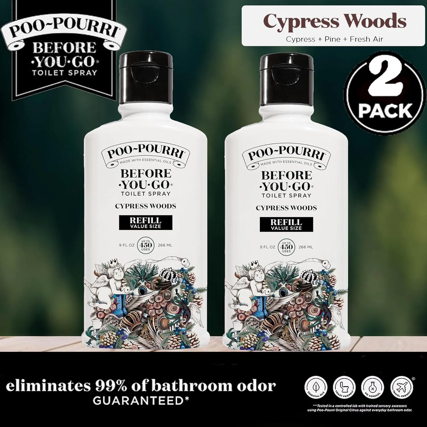 Poo-Pourri Before-You-Go Toilet Spray, Cypress Woods, Refill Bottle 9 Fl Oz 2 Pack- Cypress Pine and Fresh Air