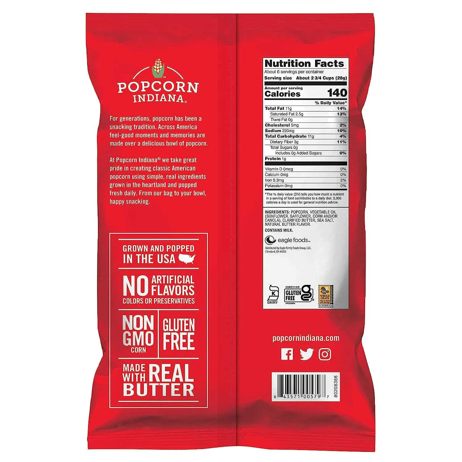 Popcorn Indiana Movie Theater Butter – Rich Butter Movie Theater Popcorn, Authentic & Gourmet Flavor, Gluten Free, 5.5 Oz (6 Pack)