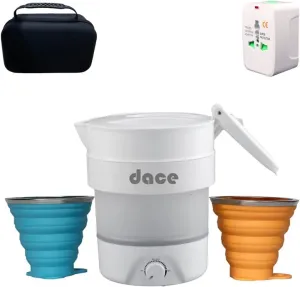 Portable Foldable Electric Travel Kettle, 800ML/27oz, White with Two Folding Cups, 110V & 220V Dual Voltage, Food Grade Silicon, Universal Travel Adaptor for US/EU/AUS and Case