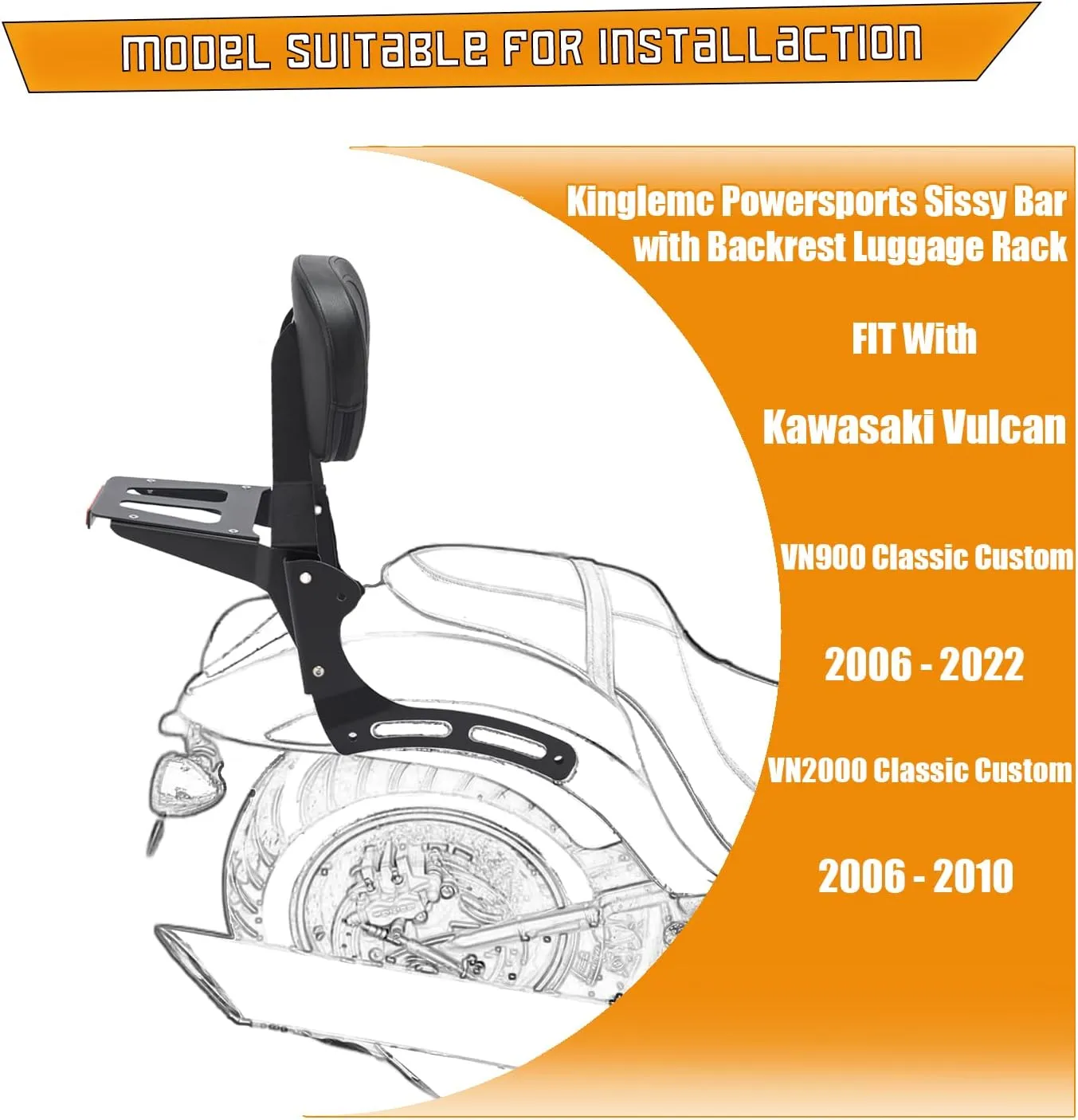 Powersports Sissy Bar with Backrest Luggage Rack for Kawasaki Vulcan VN 900 2000 Classic Custom 2009-21(Black,Non-Studded)