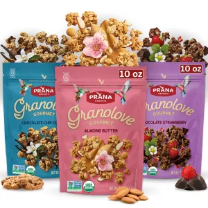 Prana Granolove Gourmet - 3 Variety Packs Organic Granola Cereal | Rich in Fiber, Vegan, Non-GMO, Kosher | Breakfast Snacks | 10 oz Bags - 3 Pack