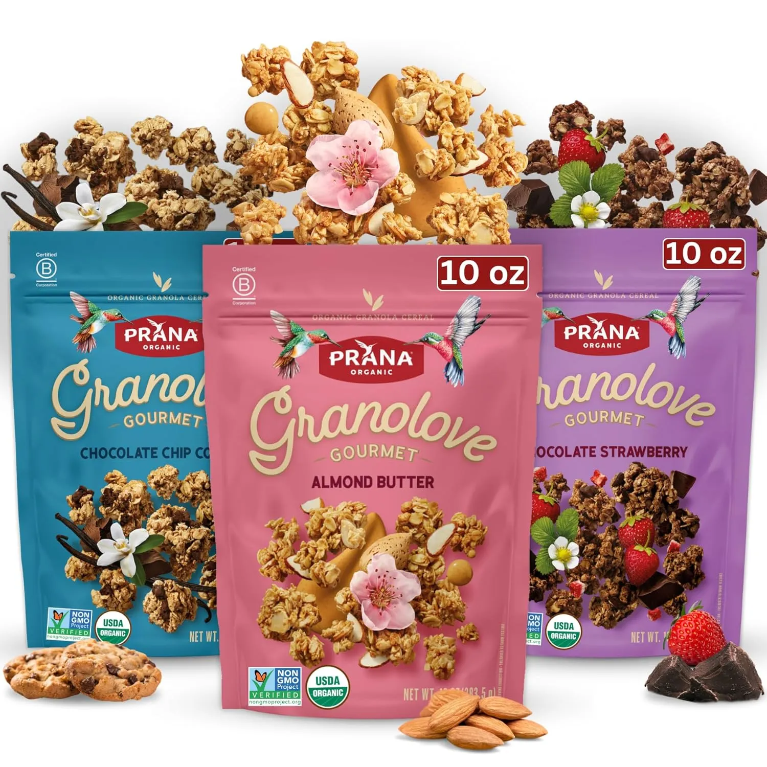 Prana Granolove Gourmet - 3 Variety Packs Organic Granola Cereal | Rich in Fiber, Vegan, Non-GMO, Kosher | Breakfast Snacks | 10 oz Bags - 3 Pack