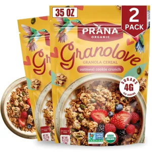Prana Granolove - Oatmeal Cookie Crunch Organic Granola Cereal | Rich in Fiber & Protein, Vegan, Non-GMO, Kosher and Low-Sugar - 35.27oz Bags - 2 Pack