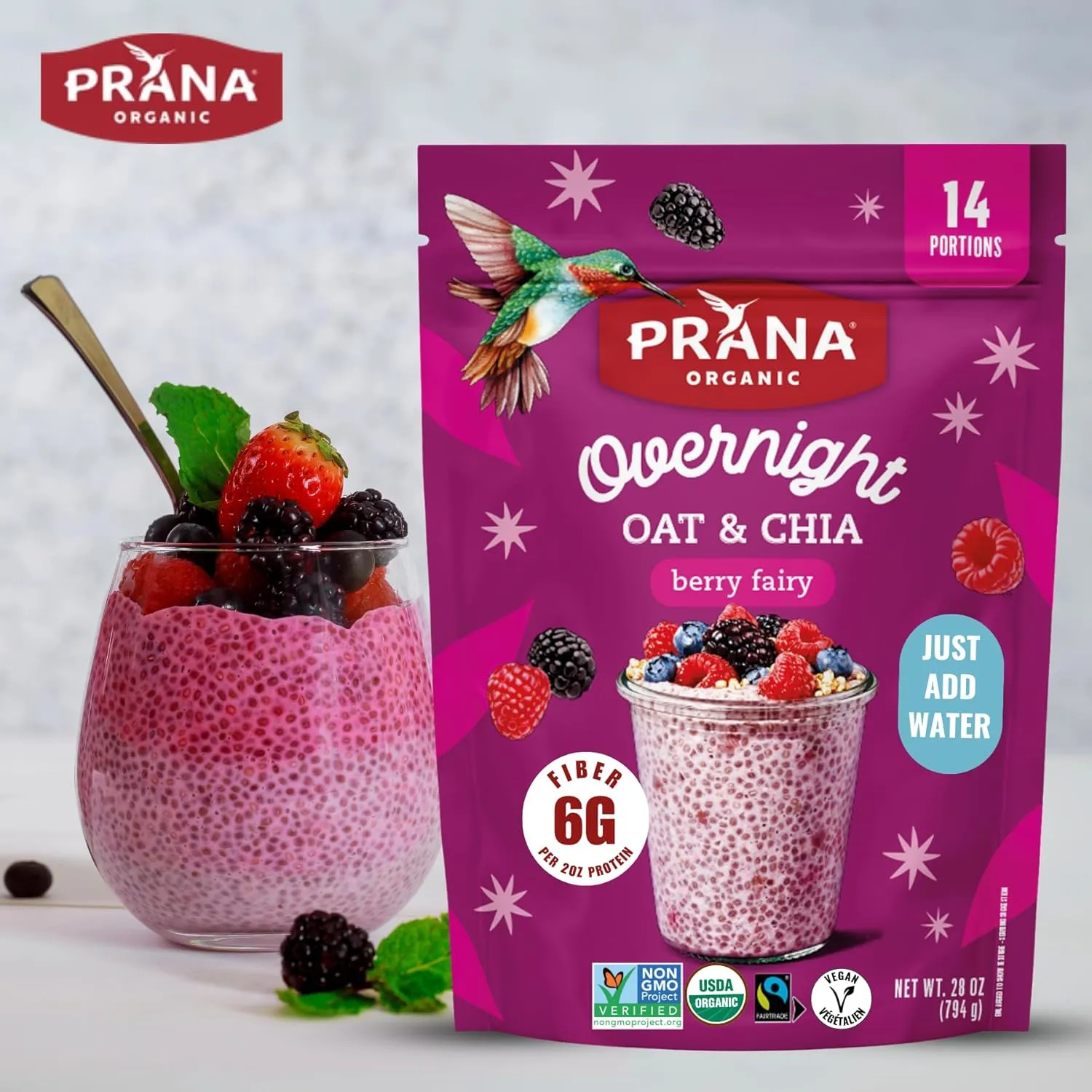 Prana Organic Overnight Chia with Oats Berry Fairy | Rich in Fiber & Protein, Vegan, Non-GMO | Ready to Eat Breakfast - 28 oz Bags - 2 Pack