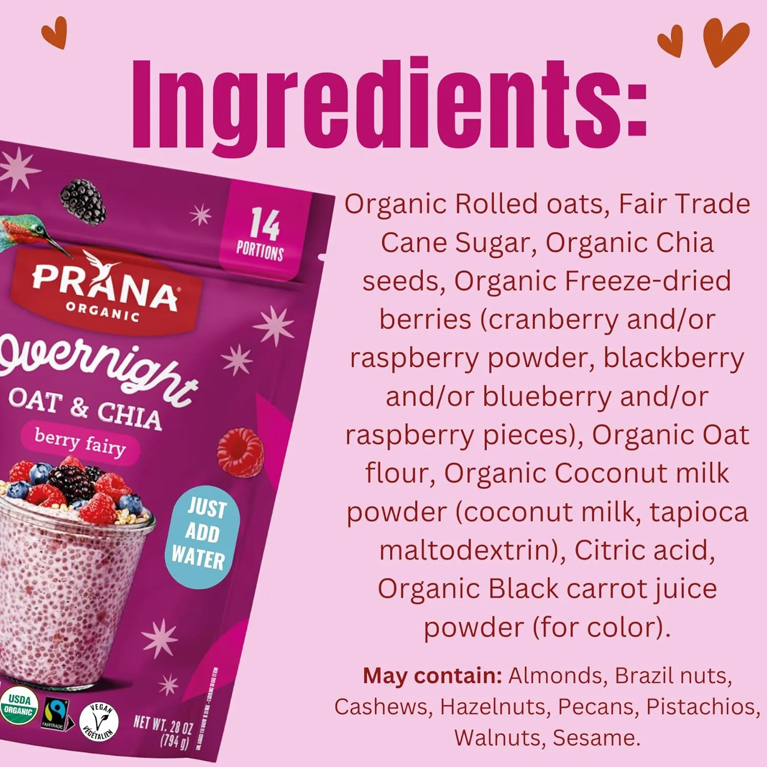Prana Organic Overnight Chia with Oats Berry Fairy | Rich in Fiber & Protein, Vegan, Non-GMO | Ready to Eat Breakfast - 28 oz Bags - 2 Pack