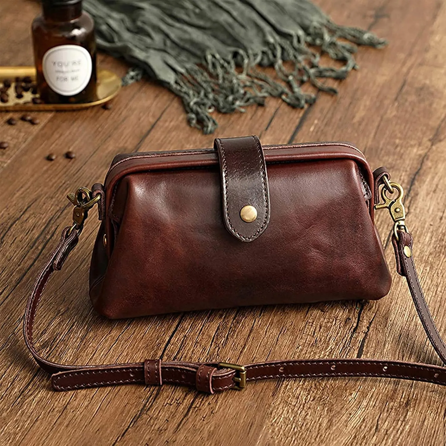 Premium Leather Retro Handmade Doctor Bag,Dr bag - retro handmade bag,Crossbody Unique Opening Small Vintage Phone Purse Handbags for Women (Coffee)