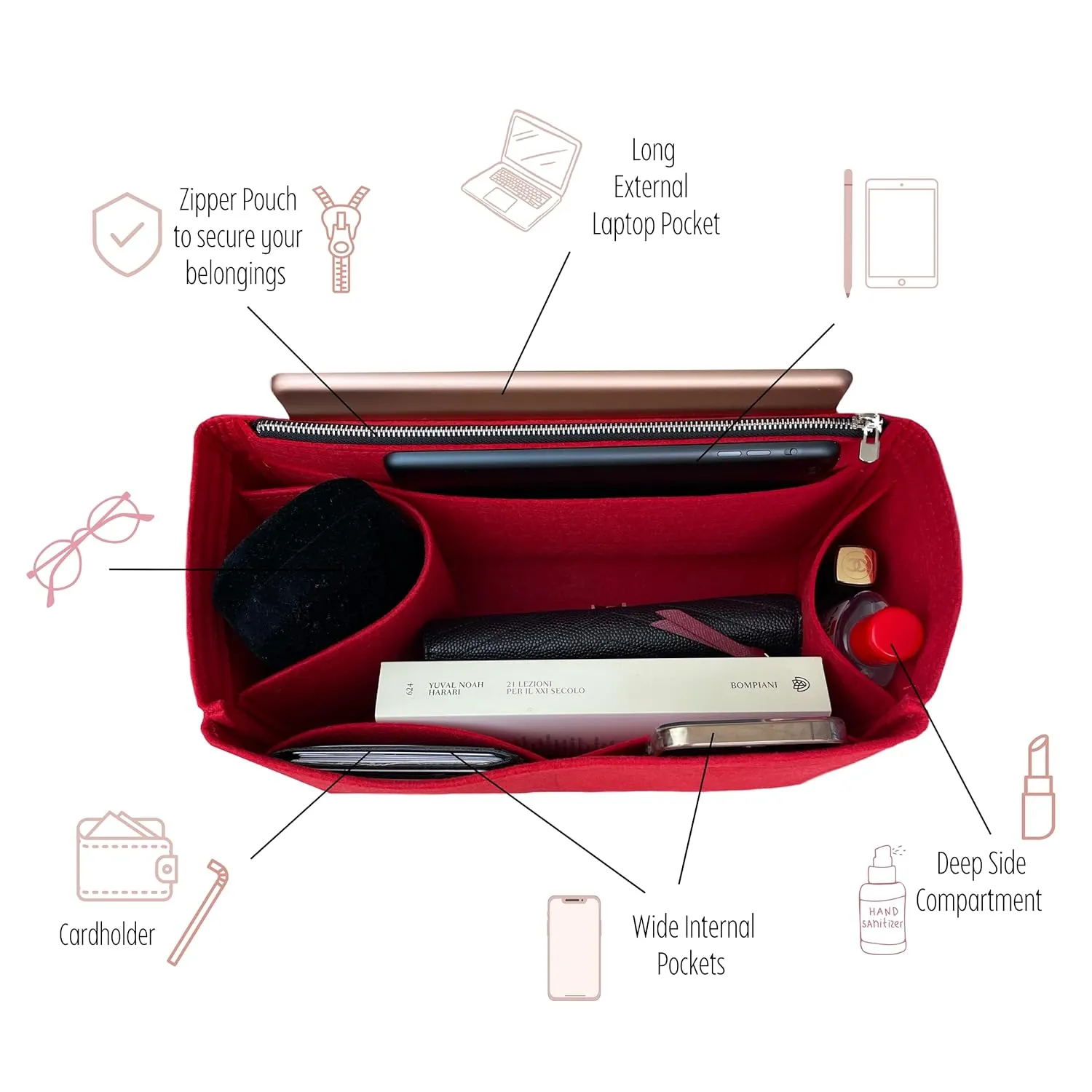Premium Purse Organizer compatible with Hermes 24/24 Mini Insert, 24 24 Bag Organizer, 24/24 29 Insert, 2424 Mini Insert, Handmade 2mm Thick Premium Felt Snug (For 21 (Mini) - 24/24, Brown)
