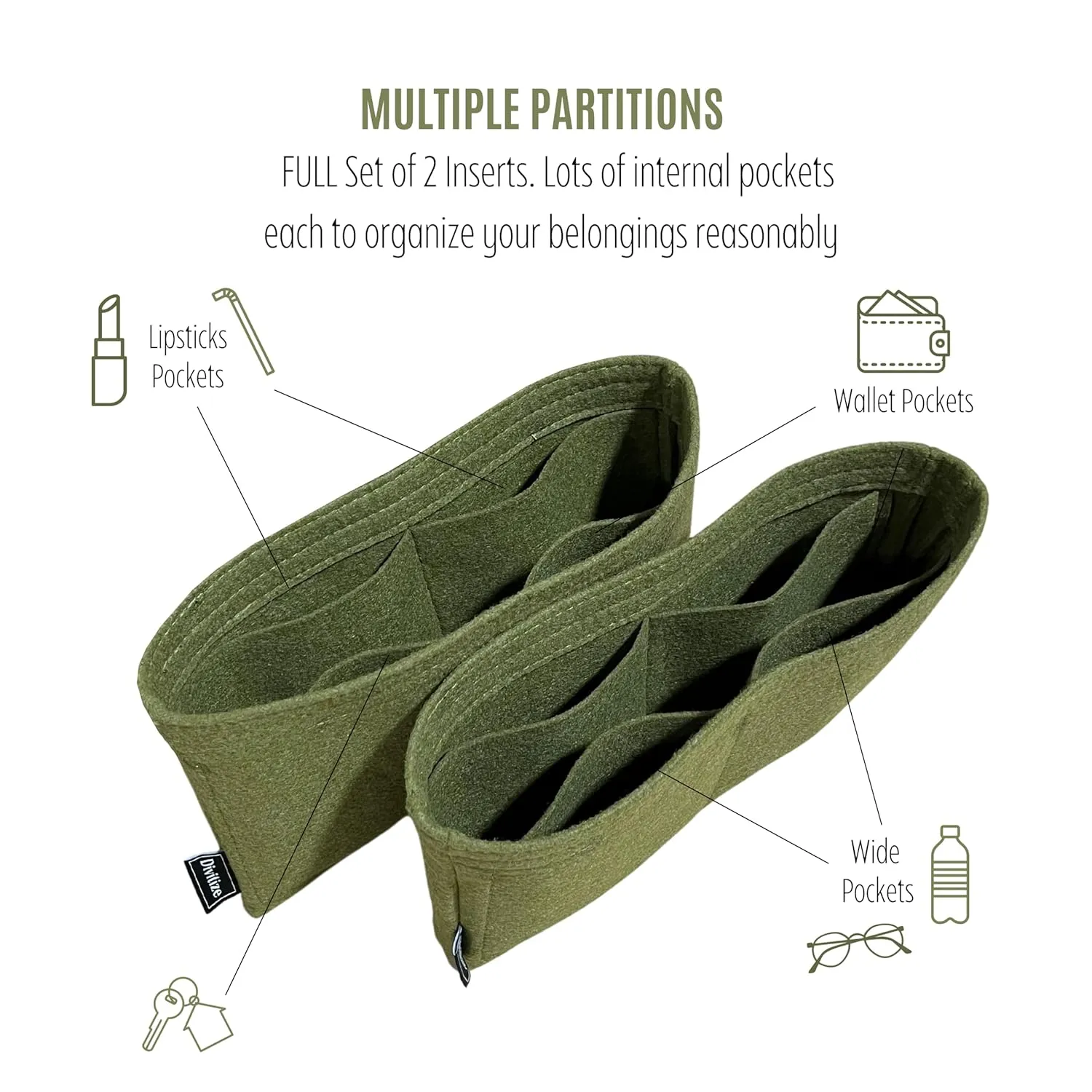 Premium Purse Organizer for Niki Medium Bag Insert, Large Niki Baby Bag Insert Organizer, Handmade 2mm Felt Snug Sturdy - FULL Set of 2 Inserts (For Niki Medium, Black)