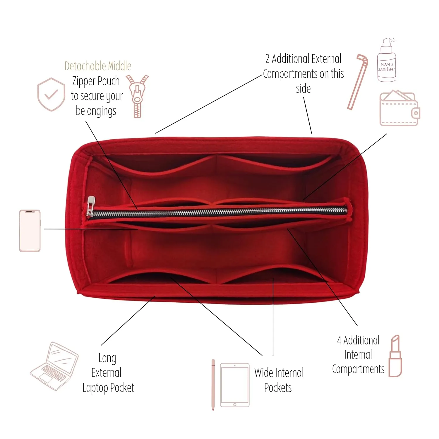 Premium Purse Organizer for On My Side MM Insert, fits Lv On My Side PM Bag Organizer, Handmade Snug Sturdy Insert 2mm Thick Felt with Gold Zipper (For On my Side MM, Lightcoffee)
