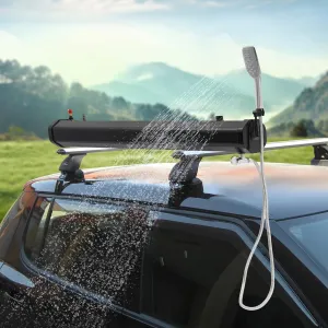 Pressurized Water Tank, Roof Rack Solar Car Shower, Portable Aluminum Camping Shower Water Storage with Spray Hose for Off-Road Vehicles, Pick-up Trucks, SUV