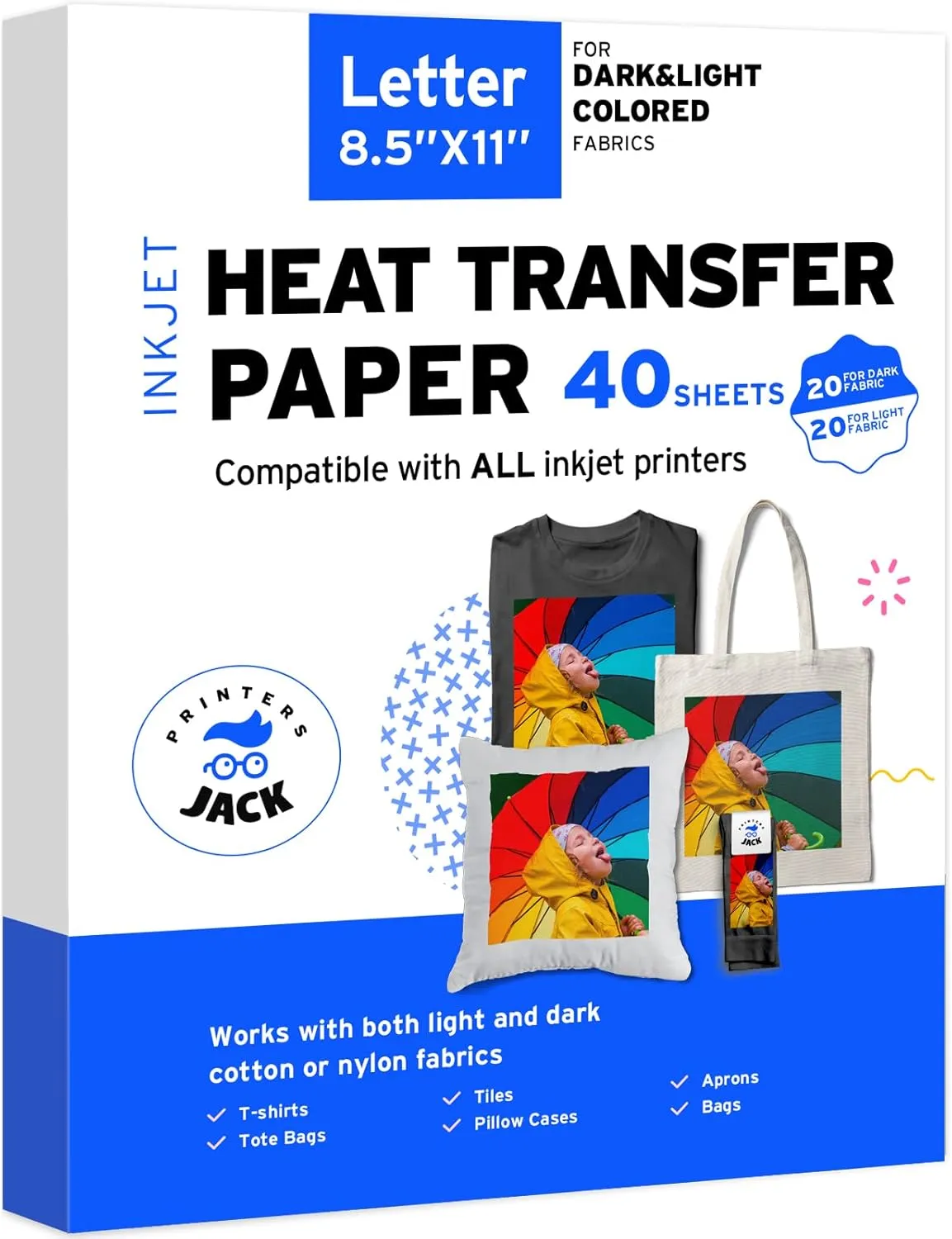 Printers Jack Iron-On Heat Transfer Paper Dark & Light Bundle, 20 for Dark Fabric   20 for Light Fabric, 8.5"x 11" T-Shirt Transfer Paper for Inkjet Printer Wash Durable, Long Lasting Transfer