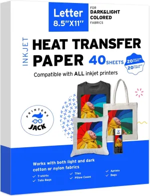 Printers Jack Iron-On Heat Transfer Paper Dark & Light Bundle, 20 for Dark Fabric   20 for Light Fabric, 8.5"x 11" T-Shirt Transfer Paper for Inkjet Printer Wash Durable, Long Lasting Transfer