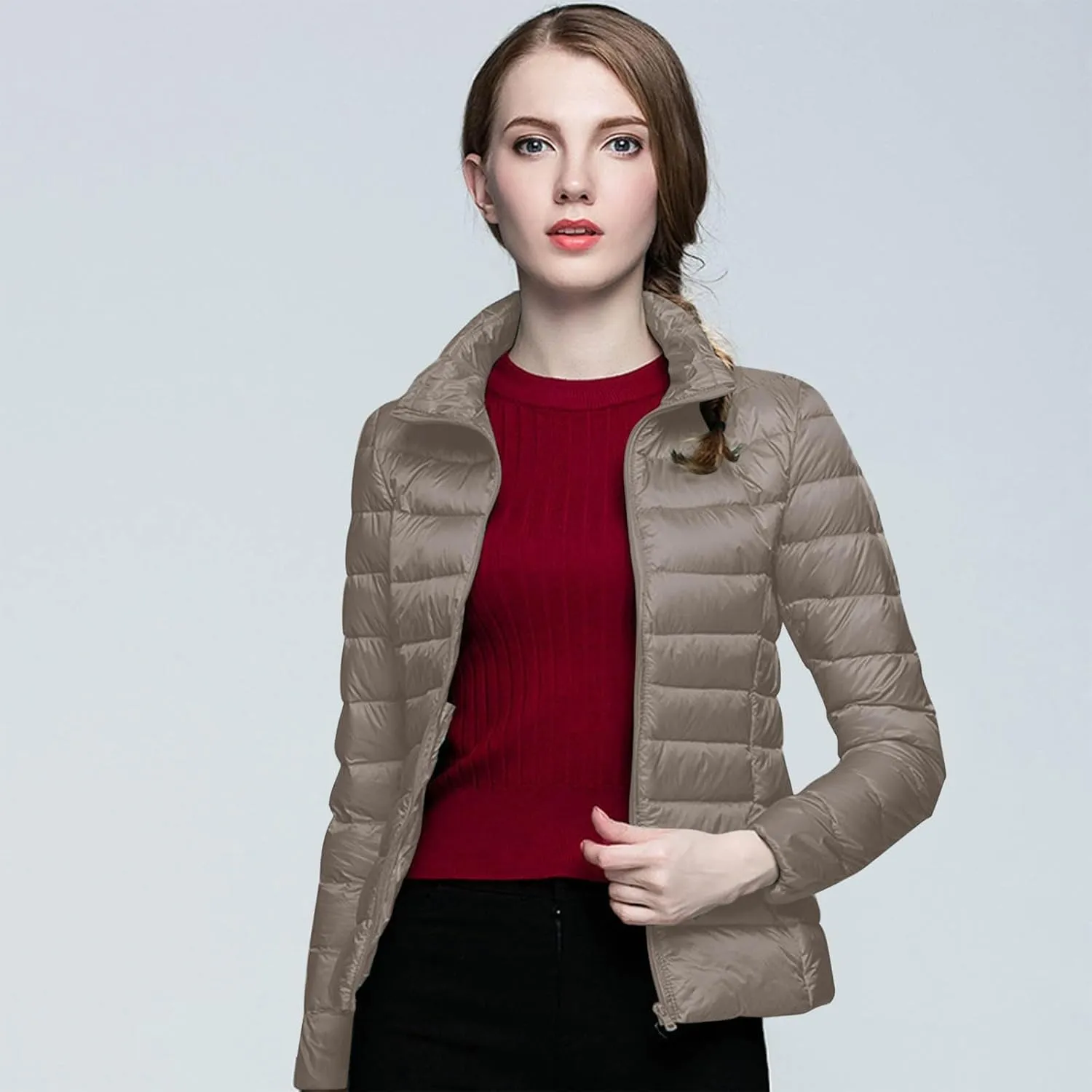 Puffer Jacket Women Casual Feather Lightweight Down Jackets Packable Solid Color Puffer Coats With Storage Bag Winter
