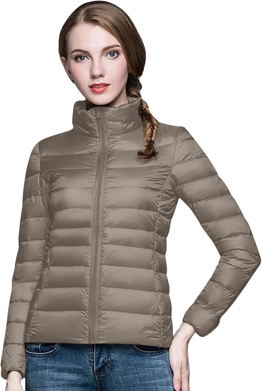 Puffer Jacket Women Casual Feather Lightweight Down Jackets Packable Solid Color Puffer Coats With Storage Bag Winter