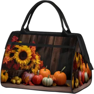 Pumpkin Sunflowers Leaves Wooden Gym Bag for Women Men, Travel Sports Duffel Bag with Trolley Sleeve, Waterproof Sports Gym Bag Weekender Overnight Bag Carry On Tote Bag for Travel Gym Sport