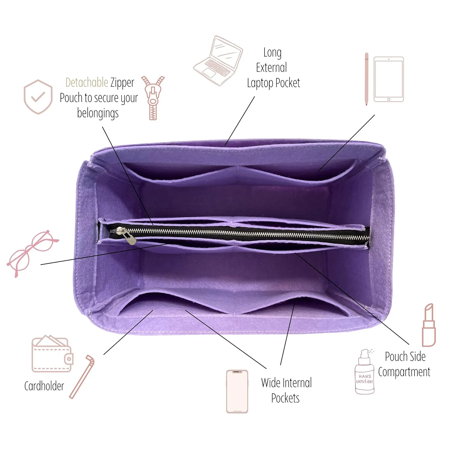 Purse Organizer compatible with Tel*** Bag, Large Organizer Medium Cup Holder, Handmade 2mm Premium Felt Insert with Silver Zipper, Snug Sturdy (For Telfa* Medium Shopping Bag, Lightcoffee)