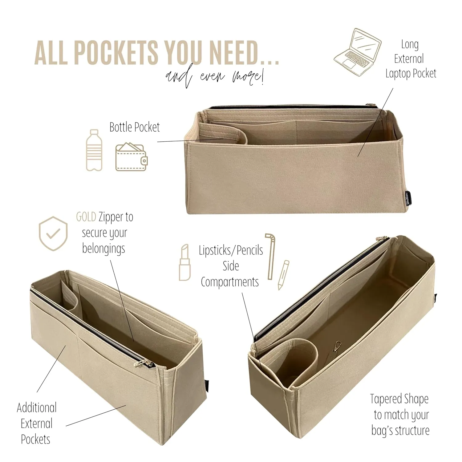 Purse Organizer for Lv Artsy MM Purse Organizer Insert, Artsy GM Organizer, Handmade Snug Sturdy 2mm Felt with Gold Zipper Tapered Shape Perfect Fit (For Artsy MM, Violet)